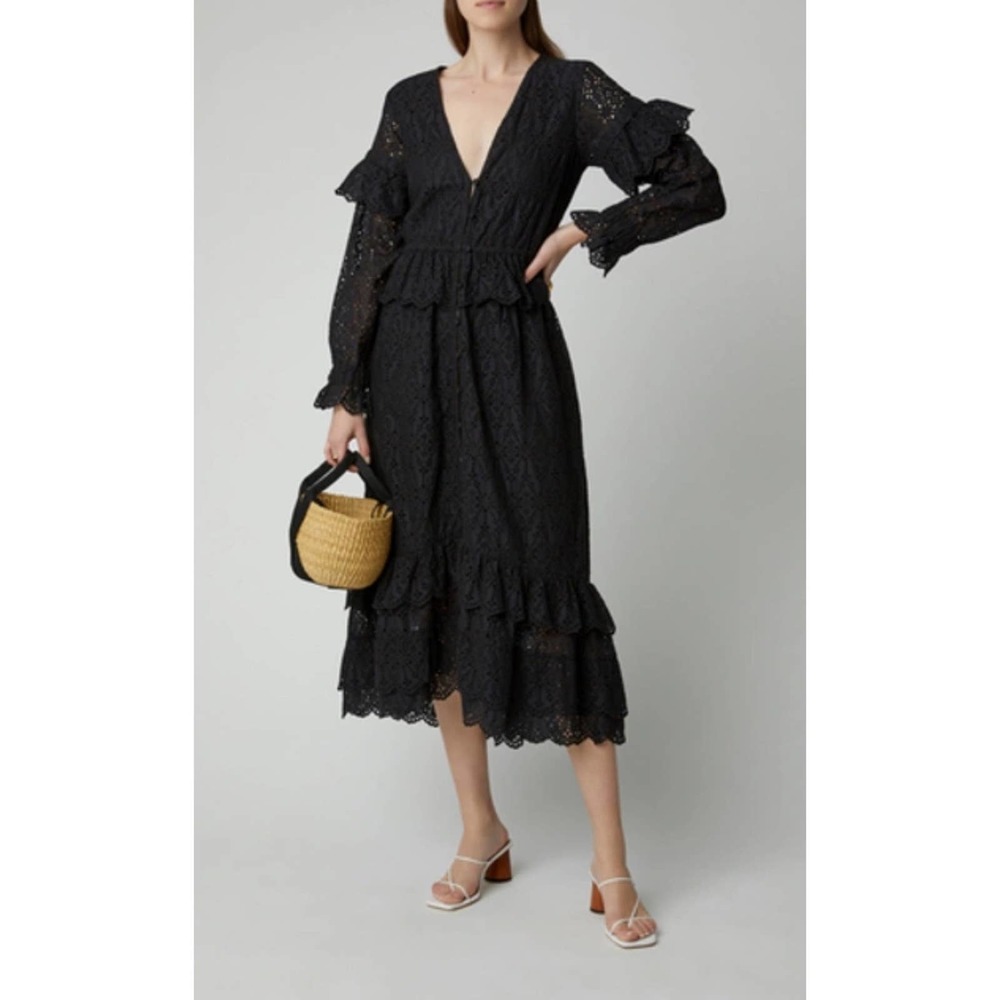 SIR. The Label Amelie Black Ruffled Broderick Anglaise Eyelet Midi Dress 6 NWT